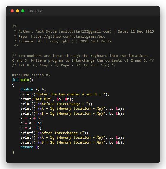 Two numbers are input through the keyboard into two locations C and D. Write a program to interchange the contents of C and D.